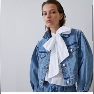 ZARA PUFF PLEATED SLEEVE DENIM CROPPED JACKET